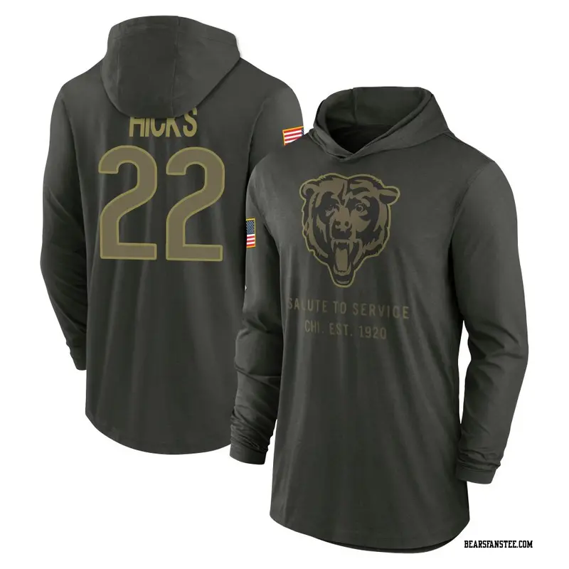 Men's Chicago Bears ＃22 Elijah Hicks Forest/Green 2025 Salute to Service Sideline Lightweight Hooded Pullover Long Sleeve T-Shir