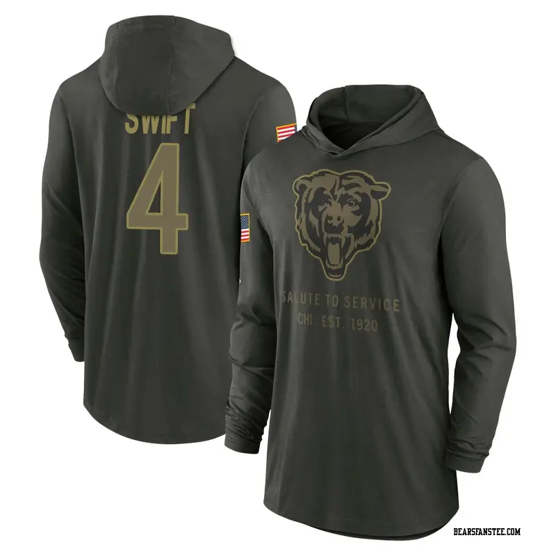 Men's Chicago Bears ＃4 D'Andre Swift Forest/Green 2025 Salute to Service Sideline Lightweight Hooded Pullover Long Sleeve T-Shir