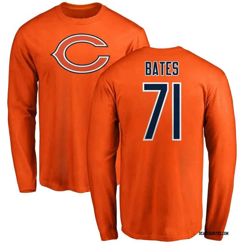 Men's Chicago Bears ＃71 Ryan Bates Orange Name & Number Logo Long Sleeve T-Shirt