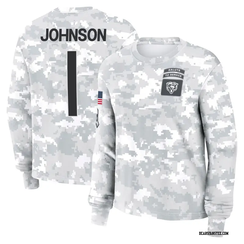 Women's Chicago Bears ＃1 Jaylon Johnson Camo Arctic 2024 Salute to Service Long Sleeve T-Shirt