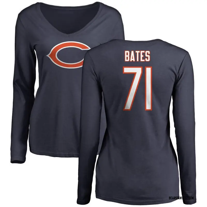 Women's Chicago Bears ＃71 Ryan Bates Navy Name & Number Logo Slim Fit Long Sleeve T-Shirt