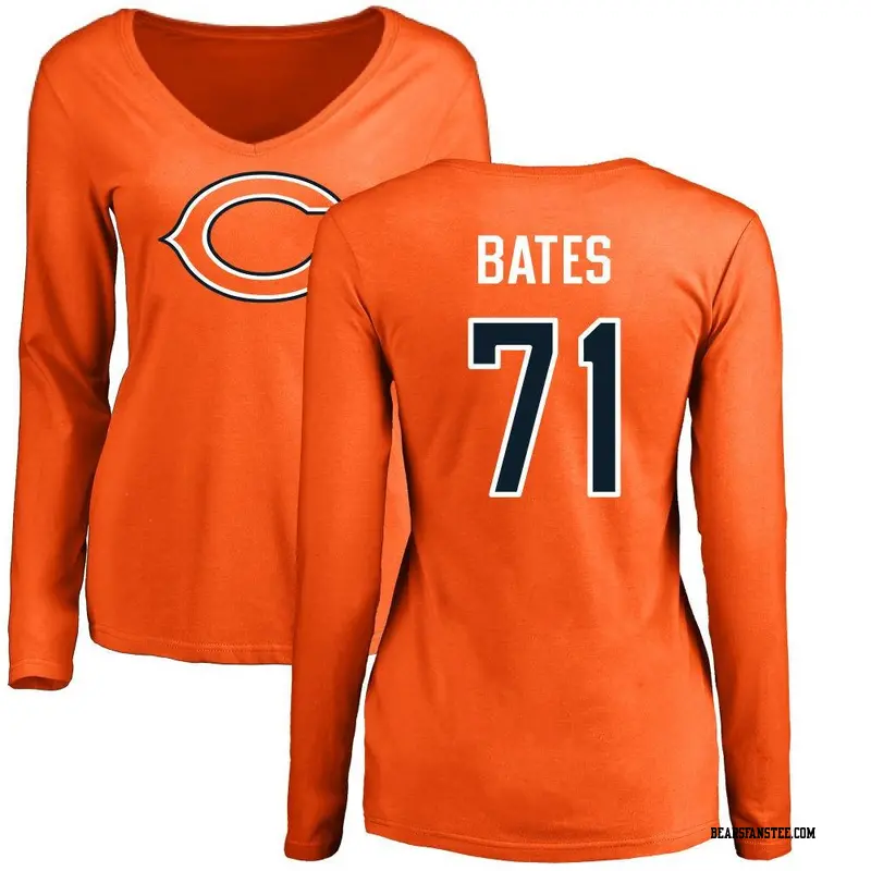 Women's Chicago Bears ＃71 Ryan Bates Orange Name & Number Logo Slim Fit Long Sleeve T-Shirt