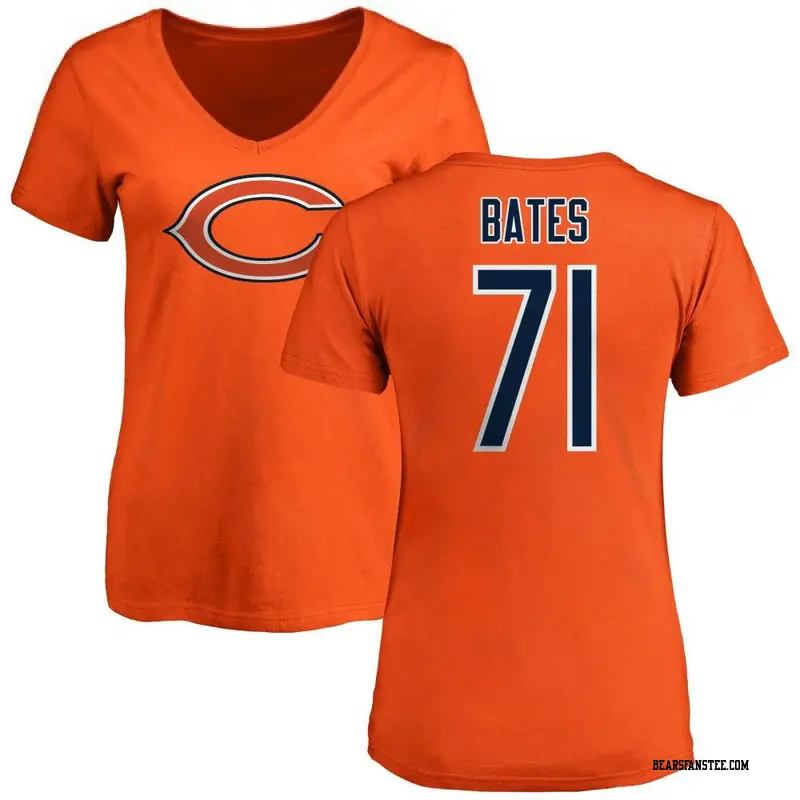 Women's Chicago Bears ＃71 Ryan Bates Orange Name & Number Logo Slim Fit T-Shirt